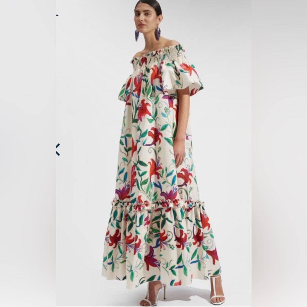 La Doublej White Lily Capalbio Floral Maxi Off Shoulder Dress Size S